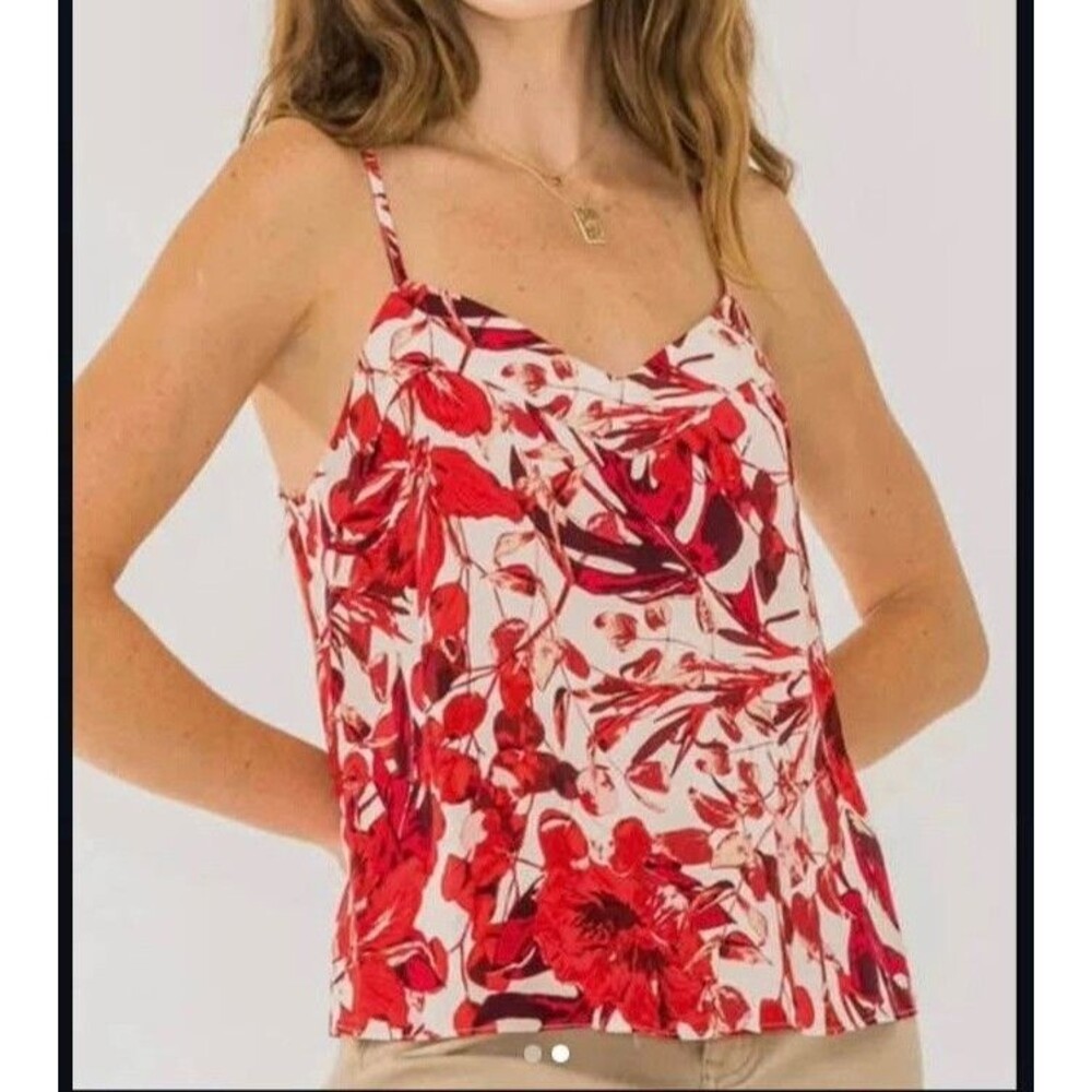 En Creme Medium Tropical Cami Florist Flowy‎ Vacation Travel Beachy Neutral - Picture 2 of 8